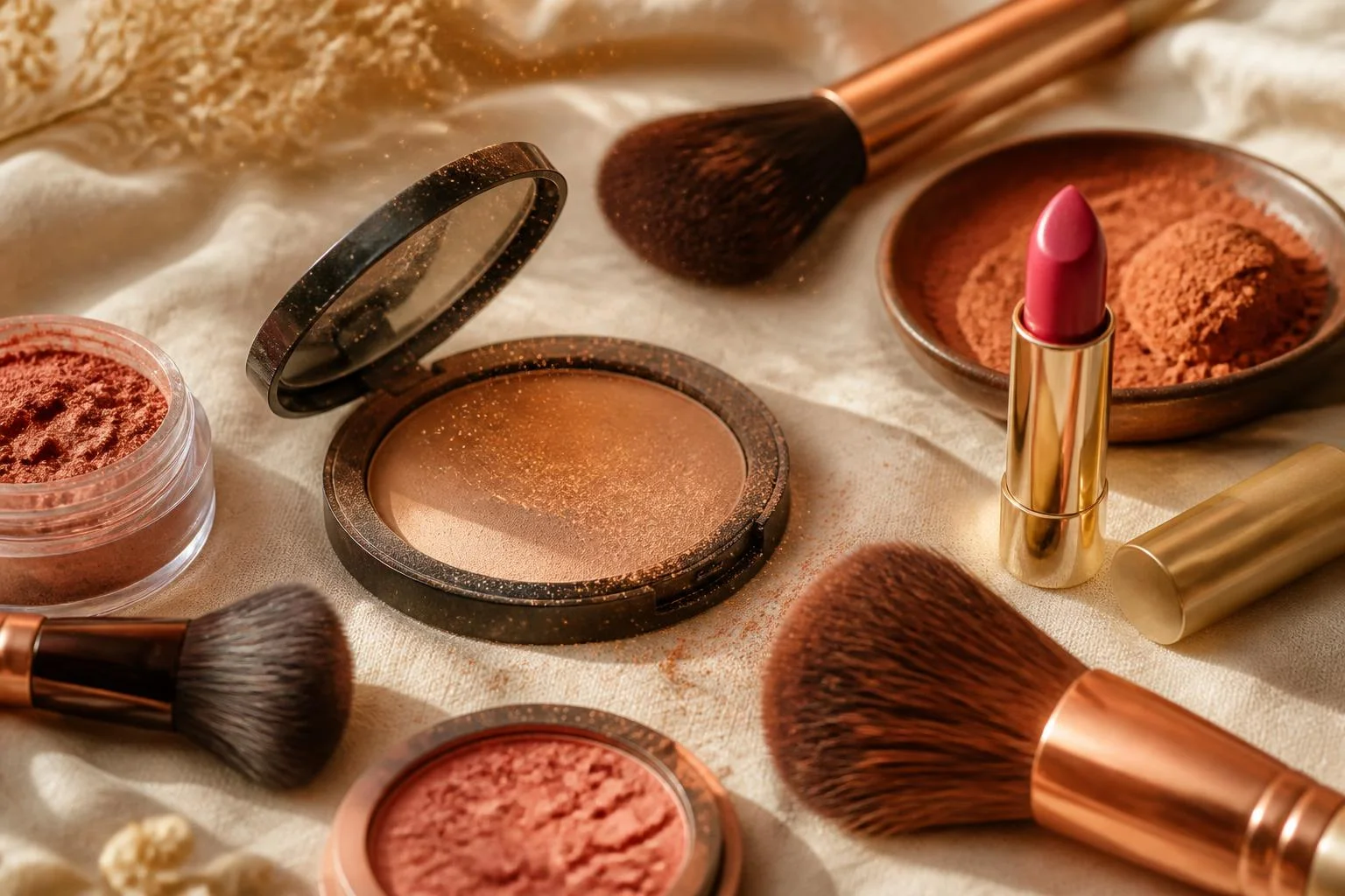 Poudrier, blush, pigments terracotta, pinceaux et rouge à lèvres framboise posés sur un lin crème