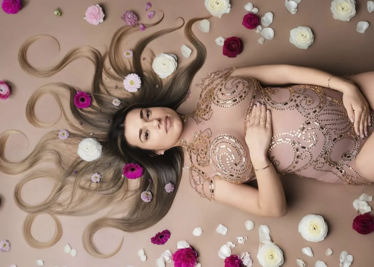 Future maman allongée, cheveux déployés parmi les fleurs, body brodé rose