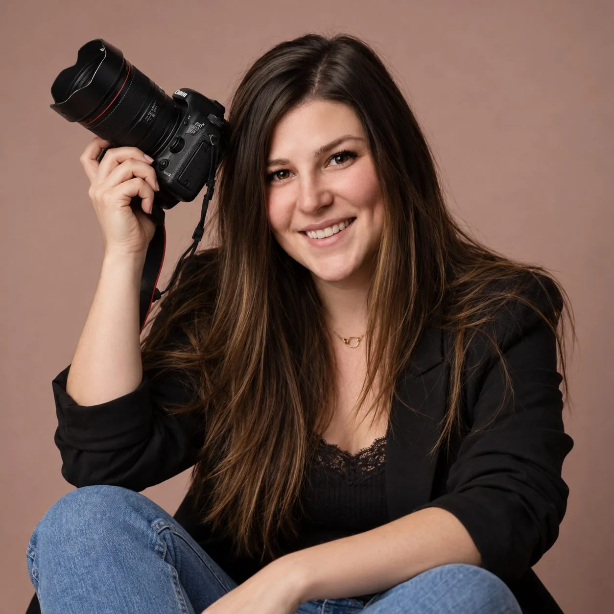 Pauline souriante, appareil photo contre la tempe, fond rosé